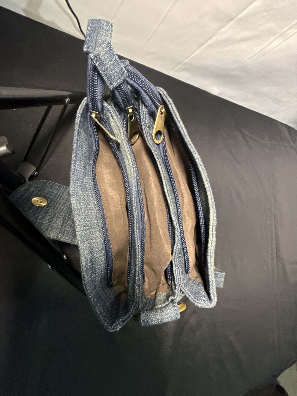 Vintage Blue Stonewashed Denim Multi-Pocket  purse with Detachable Strap
